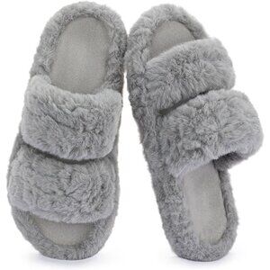 Women’s Gray Pluffie Arch Memory Foam Cozy Faux Fur Open Toe Slippers Shoes